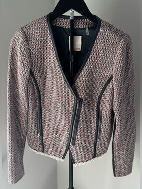 Rebecca Taylor RedWhite & Grey Tweed Zip Moto Blazer with Grey Leather Trim